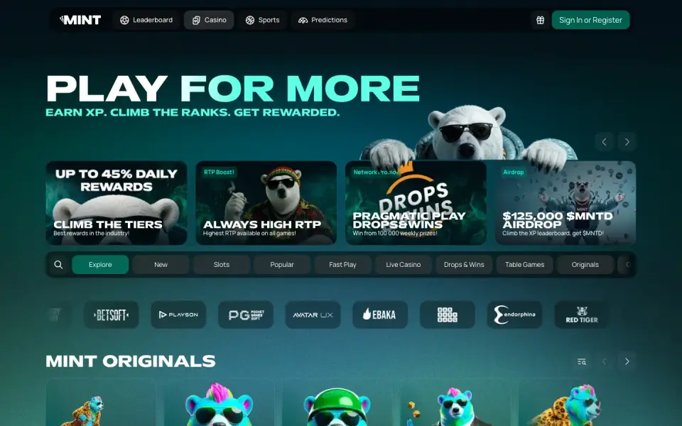 Web3 casino platform home page on desktop